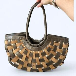 Sondra Roberts 2 Woven Cork Crescent Shoulder Bag Purse Basket Weave Tote Brown